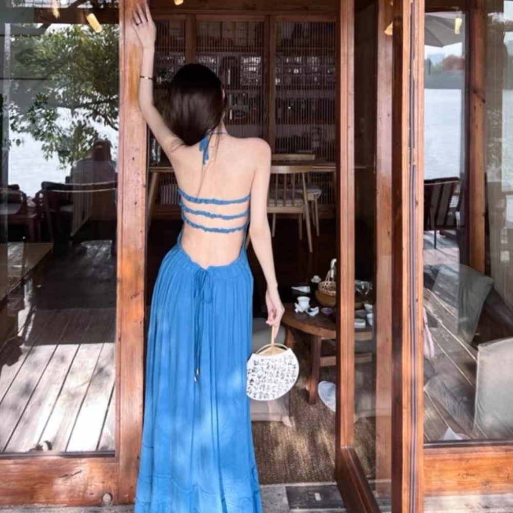 Elegant Blue Halter Backless Maxi Dress